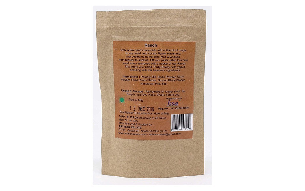 Artisan Palate All Nature Ranch Dip & Seasoning Mix   Pack  40 grams